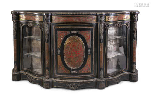 A LARGE VICTORIAN LOUIS QUATORZE EBON AND BOULLE CREDENZA, the serpentine front with central panel