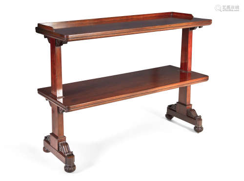 A VICTORIAN MAHOGANY TWO-TIER DUMBWAITER, of rectangular form, the plain top with shallow three-