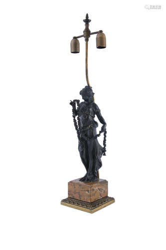 A CONTINENTAL FIGURAL BRONZE TABLE LAMP, moulded with a standing classical figure, draped in robes