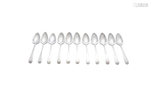 A MATCHED SET OF ELEVEN IRISH GEORGE III BRIGHT-CUT SILVER OLD ENGLISH PATTERN SERVING SPOONS,- 7