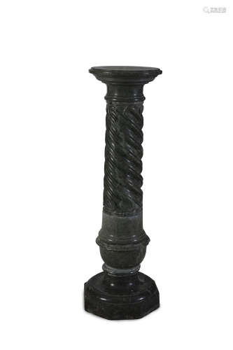 A GREEN MARBLE PEDESTAL, early 20th century with circular platform top and spiral carved tapering