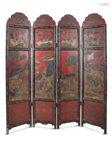 A 19TH CENTURY FOUR-FOLD CHINOISERIE RED LACQUERED SCREEN, the arched tops with painted dragons,