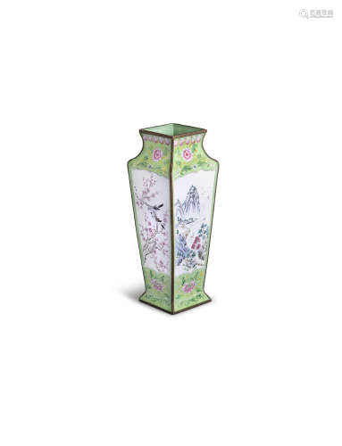 A CANTON ENAMEL SQUARE SECTION TAPERING VASE, Qing dynasty, 26cm high; together with a canton enamel