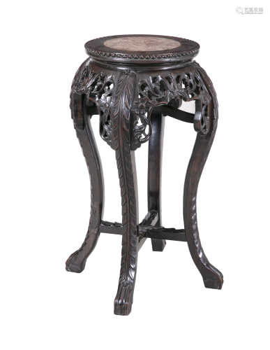 A CHERRYWOOD JARDINIERE STAND, the circular top with inset mottled red marble within a beaded border