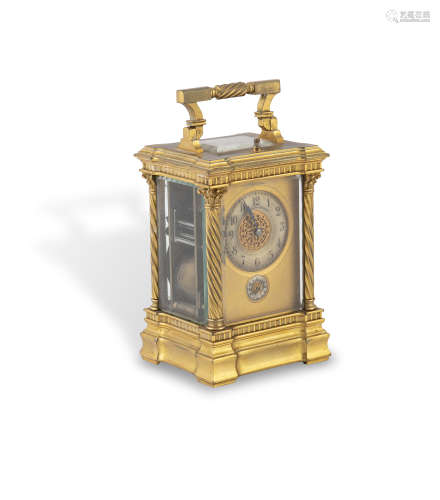 A GOOD FRENCH BRASS CASED CARRIAGE CLOCK, 19th century, surmounted by swing handle with glazed top