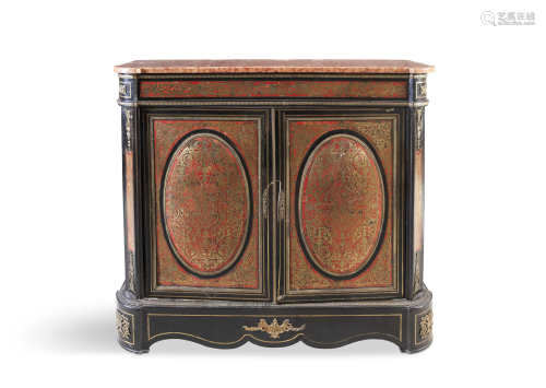 A FRENCH BOULLE AND MARBLE TOP SIDE CABINET, 19th century, of rectangular shape fitted with rouge