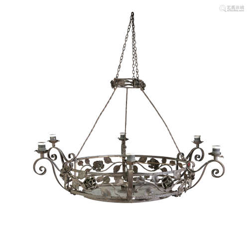 A 19TH CENTURY WROUGTH IRON CEILING LIGHT, of circular form, the basket hung from three