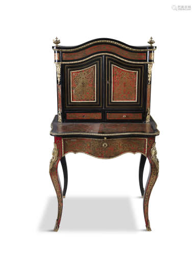 A FRENCH EBONISED BOULLE AND GILT METAL BONHEUR DE JOUR, 19th century, the arched superstructure