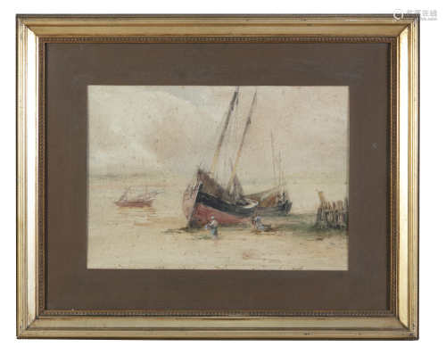 WILLIAM BINGHAM MCGUINNESS RHA (1849-1928) Boats at low tideWatercolour, 34 x 48cm