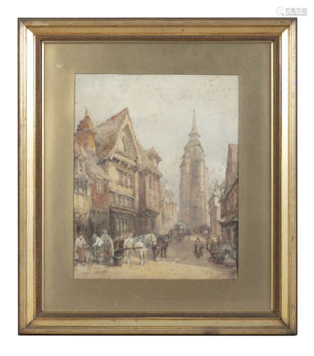 WILLIAM BINGHAM MCGUINNESS RHA (1849-1928) Market scene with church tower Watercolour, 49 x 39cm