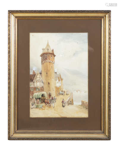 WILLIAM BINGHAM MCGUINNESS RHA (1849-1928) Tower by a lakeside Watercolour, 52 x 35cm