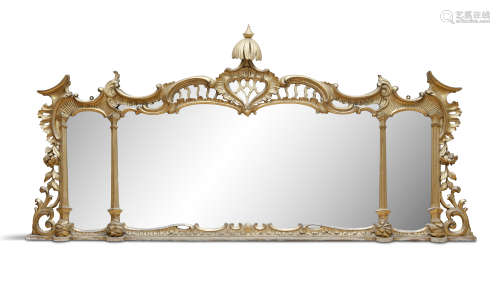 AN UNUSUAL 19TH CENTURY GILTWOOD AND GESSO OVERMANTLE MIRROR, of shaped rectangular form, with