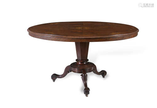 A VICTORIAN WALNUT AND MARQUETRY INLAID BREAKFAST TABLE, of oval form, quarter veneered with thumb
