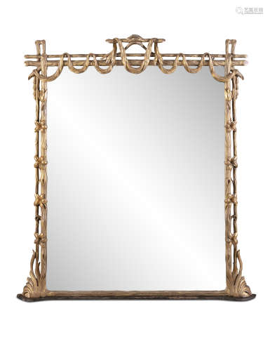 A LARGE VICTORIAN OVERMANTLE MIRROR, the pierced frame carved in the form of naturalistic