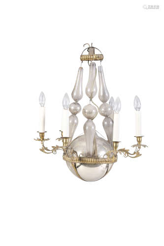 A GILTMETAL AND SILVERED GLASS CEILING LIGHT, 19th century, with spherical boss contained within