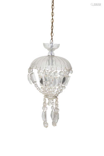 A PAIR OF CLEAR MOULDED GLASS LUSTRE CEILING LIGHTS, with circular dome tops supporting icicle drops