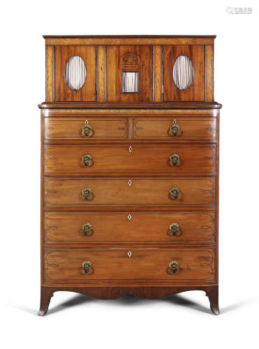 A GEORGE III MAHOGANY AND EBON STRUNG CHEST, with two short and four long graduated drawers, with