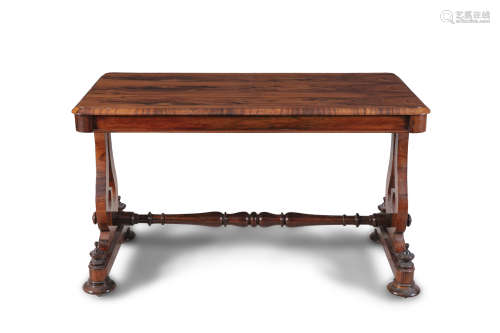 A WILLIAM IV ROSEWOOD LIBRARY TABLE, of rectangular form with rounded corners, on pierced lyre end