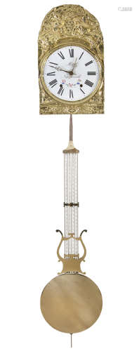 A 19TH CENTURY GILT METAL AND ENAMEL WALL CLOCK, with hanging chain weights and large pendulum.