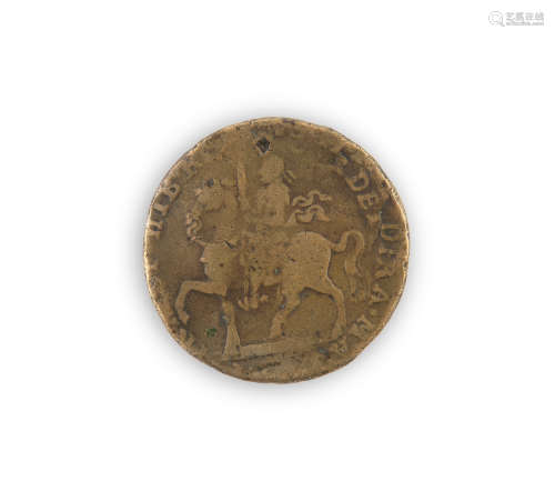 A JAMES II GUN MONEY HALF-CROWN, c.1690, with King on horseback sword in right hand to one side, the