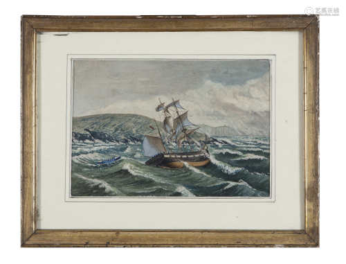 IRISH SCHOOL, EARLY 19TH CENTURY A ship listing of a headland Watercolour and pastel, 16.5 x 24cm