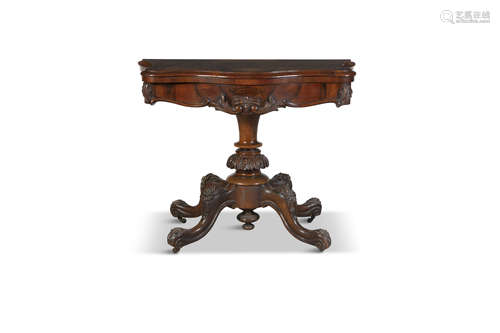 A VICTORIAN WALNUT FOLD TOP CARD TABLE, of shaped rectangular form, with baize lined interior and