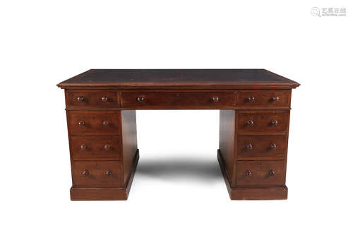 A VICTORIAN MAHOGANY AND LEATHER INSET TWIN PEDESTAL DESK, mid 19th century, the rectangular top