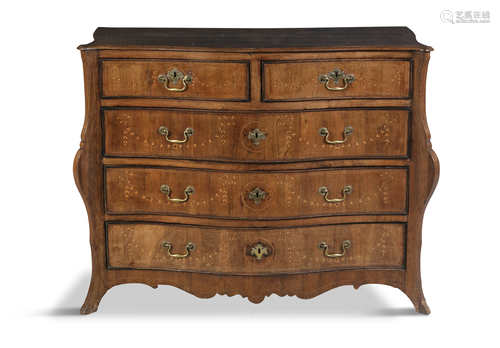 A DUTCH WALNUT AND MARQUETRY INLAID BOMBE CHEST, of shaped rectangular form, with two short and