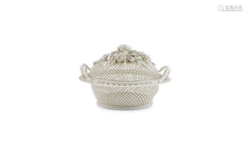 A BELLEEK THREE STRAND BASKET AND COVER, second period (1891 - 1926), with banner mark, 22cm wide