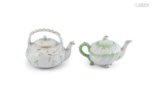 A BELLEEK FIRST PERIOD GRASS PATTERN TEAPOT, (1863 - 1891), 17cm high; together with a green and