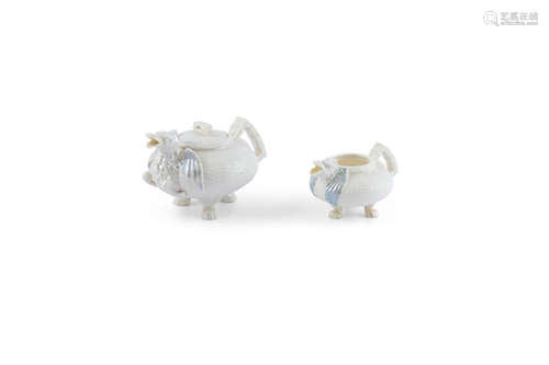 A RARE BELLEEK DRAGON PATTERN TEAPOT AND COVER, first period (1863 - 91), of reduced size, 16.5cm