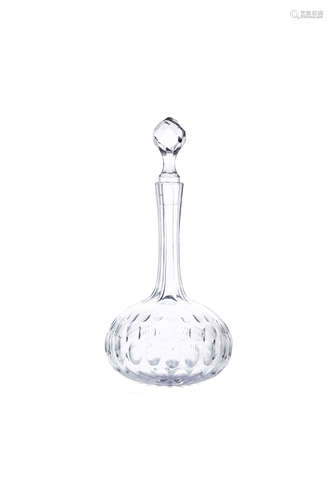 A CUT GLASS DECANTER AND STOPPER, with faceted neck and stopper, the pear shaped body cut with a