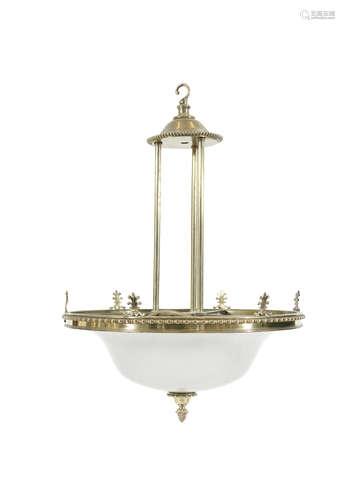 A PAIR OF EDWARDIAN BRASS AND FROSTED GLASS CEILING LIGHTS, with domed corona and suspension hook,