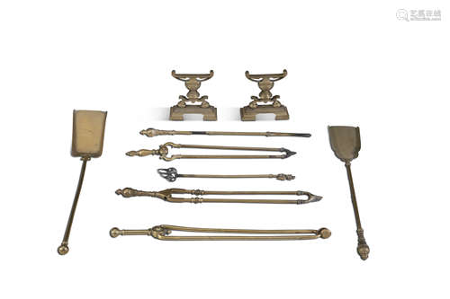 A COLLECTION OF VICTORIAN BRASS FIRE IMPLEMENTS, comprising a set of three with cast knop handles;