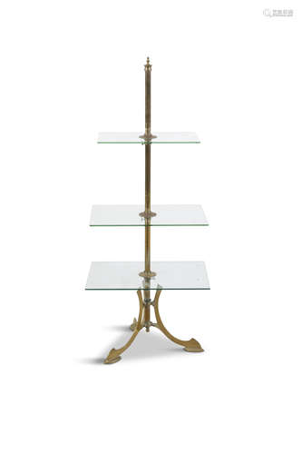 A CONTEMPORARY THREE-TIER GLASS AND BRASS DUMB WAITER, the rectangular graduated glass plates raised