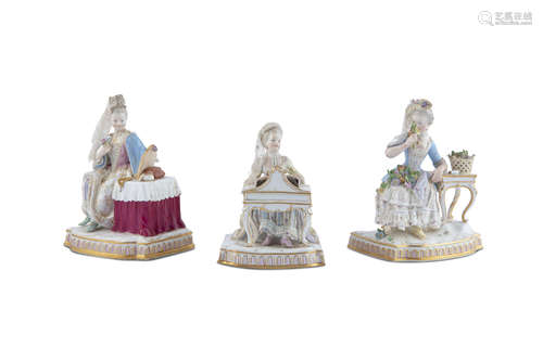 A GROUP OF THREE MEISSEN FIGURES, early 18th century, one modelled sitting by a piano, the others by