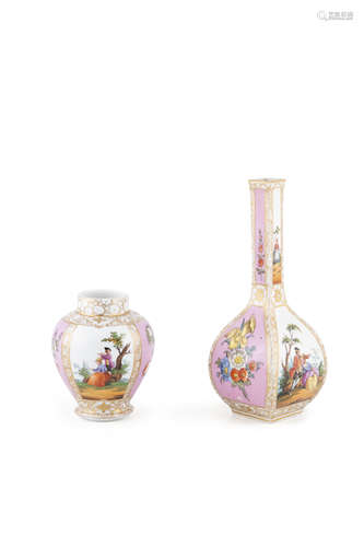 A MEISSEN PINK GROUND AGUSTUS REX VASE, late 19th century, of squared shape with alternating