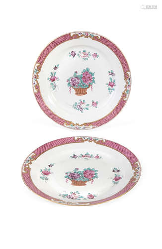 A PAIR OF CONTINENTAL 'PUCE' DECORATED FLORAL DISHES in the Chinese export taste, probably