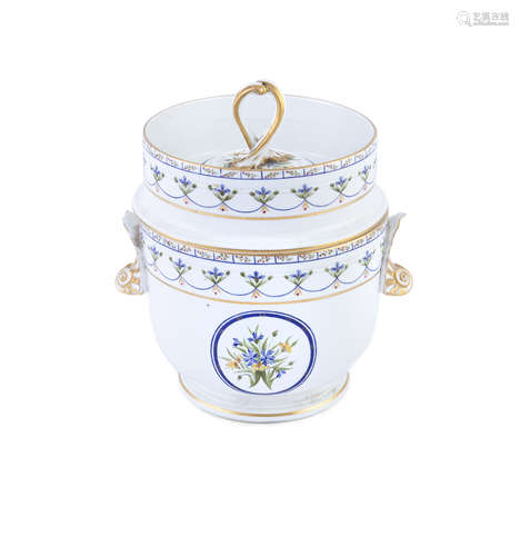 A DERBY PORCELAIN CIRCULAR ICE PAIL, the lid with looped handle above twin shell handles, the