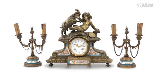 A FRENCH GILT METAL AND PORCELAIN MOUNTED THREE PIECE CLOCK GARNITURE, 19th century, comprising a