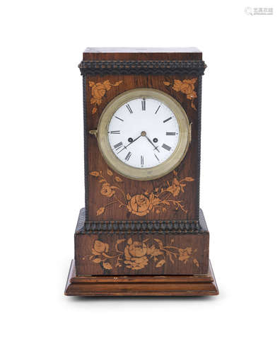 A DUTCH ROSEWOOD AND MARQUETRY INLAID MANTLE CLOCK, 19th century, of upright rectangular form,