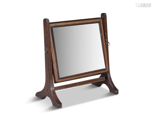 A GEORGE III MAHOGANY AND CROSSBANDED DRESSING TABLE MIRROR, the adjustable rectangular plate on