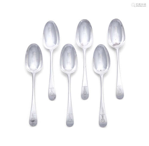 A MATCHED SET OF SIX GEORGE III SILVER OLD ENGLISH PATTERN TABLE SPOONS, three London c.1766, the