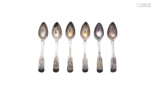 A CASED SET OF SIX PROVINICIAL SILVER FIDDLE PATTERN TEA SPOONS, c.1800, each struck with makers