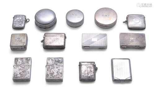 A COLLECTION OF SILVER PILL BOXES AND VESTA CASES, comprising five English sterling silver