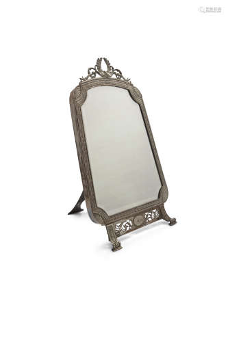 A 19TH CENTURY FRENCH WHITE METAL DRESSING TABLE MIRROR, of tapered rectangular form, surmounted