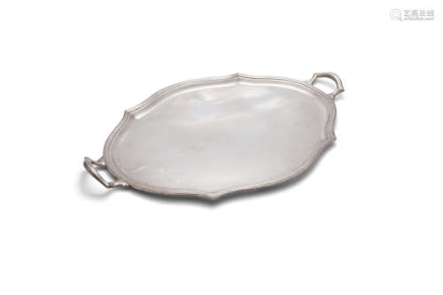 A CONTINENTAL .800 STANDARD SILVER TWO HANDLE SERVING TRAY, of shaped oval from, with raised