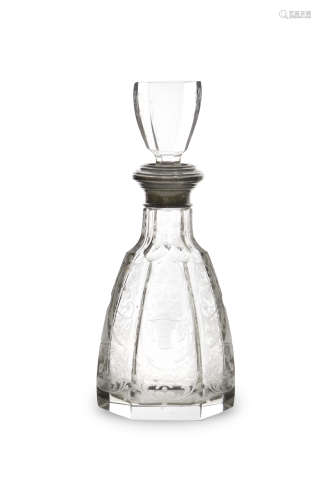 A CONTINENTAL .800 STANDARD SILVER AND ENGRAVED GLASS DECANTER AND STOPPER, 19th Century,