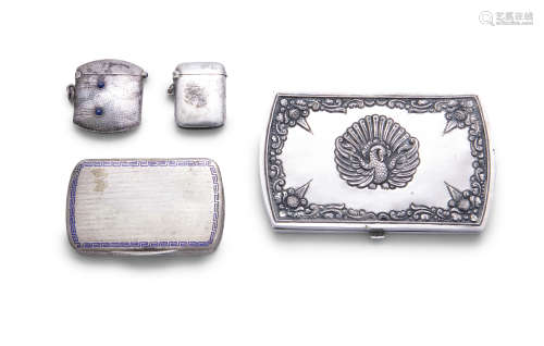 A WHITE METAL CIGARETTE BOX, 19th Century, of oblong form, decorated with a peacock, the opposing