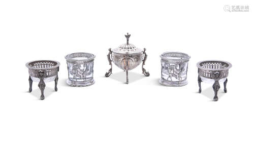 A PAIR OF CONTINENTAL WHITE METAL OPEN SALT CELLARS, probably French 19th Century, each supported on